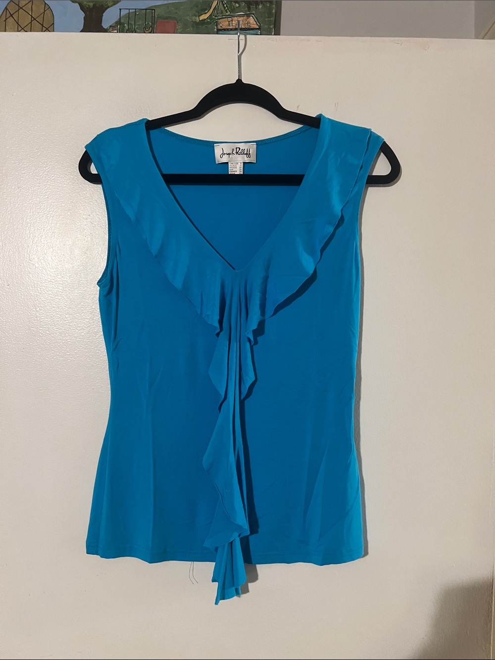 Joseph Ribkoff teal sleeveless top with ruffle detail
